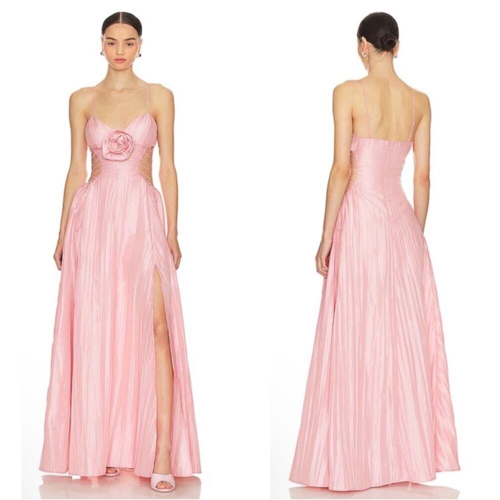 For Love & Lemons Gwenyth Pink Rosette Lace Up Side Cutout Maxi Gown Size XS